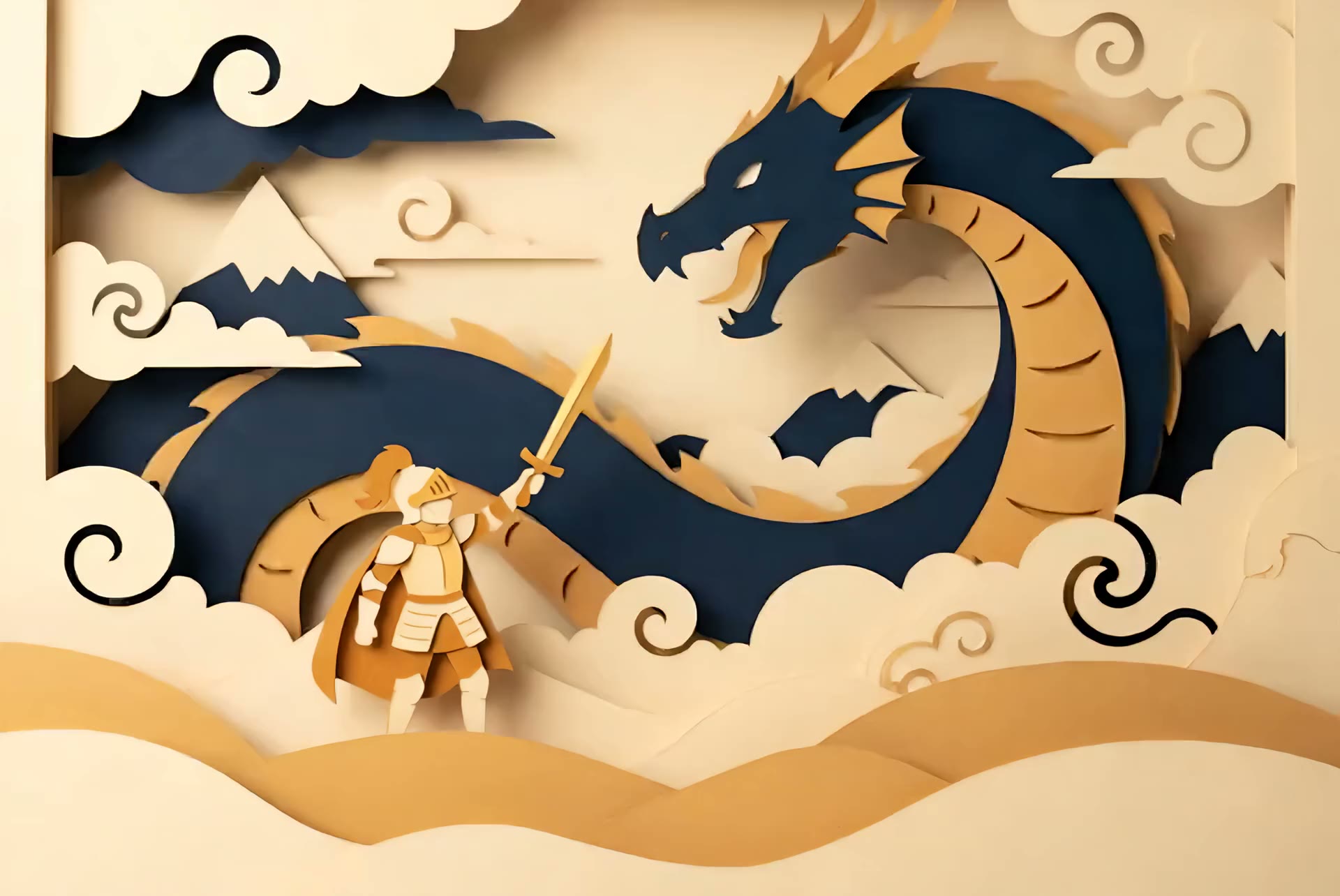 Papercraft art: a paper knight raising a golden sword before a great navy paper dragon