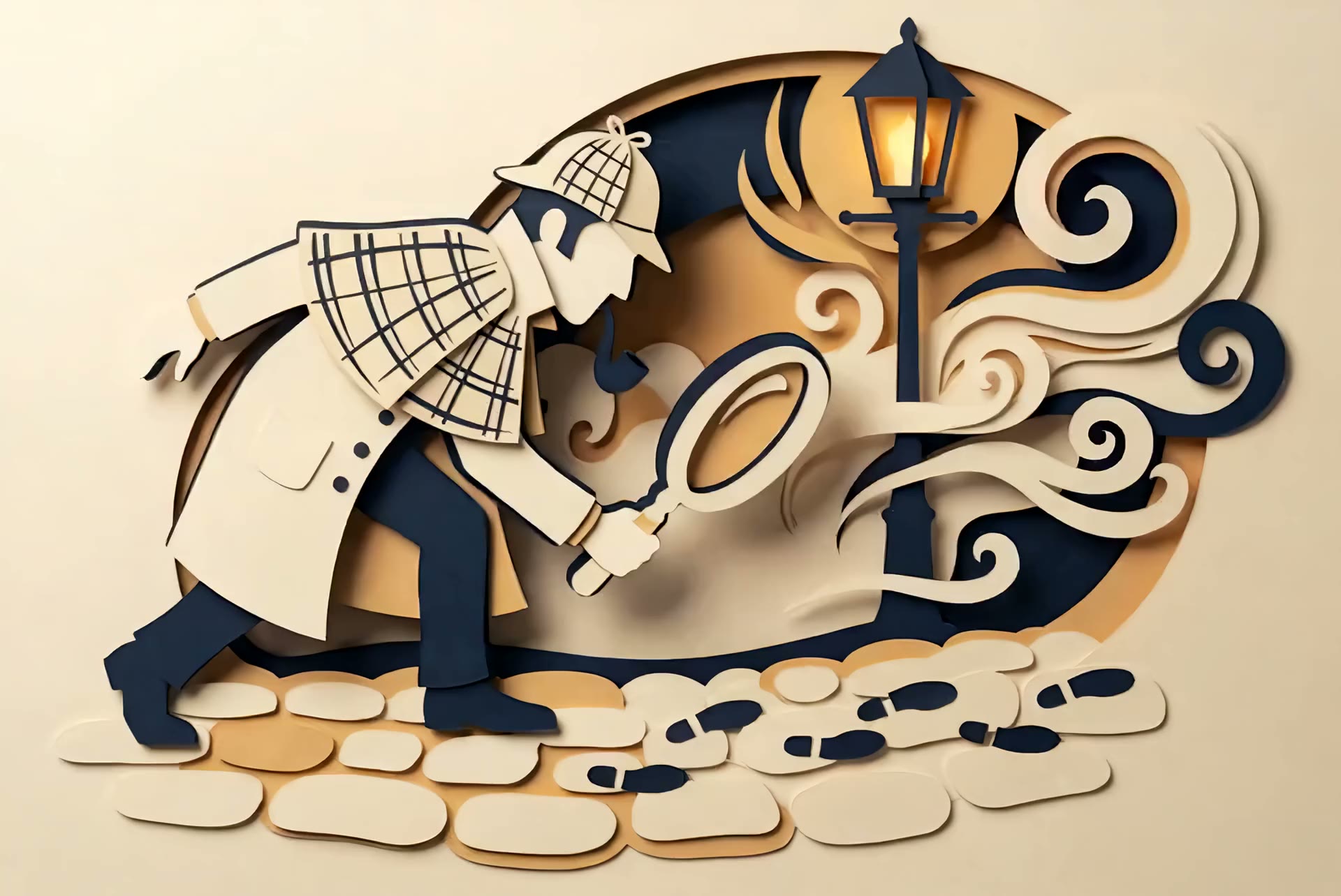 Papercraft art: a paper detective in a deerstalker following cut-paper footprints with a magnifying glass