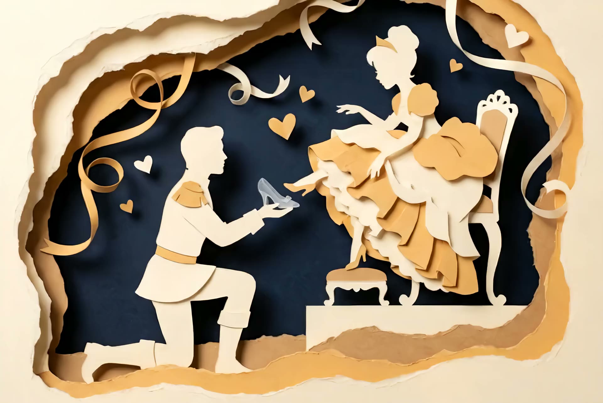 Papercraft art: a paper prince kneeling to offer a glass slipper to a princess in a layered paper gown