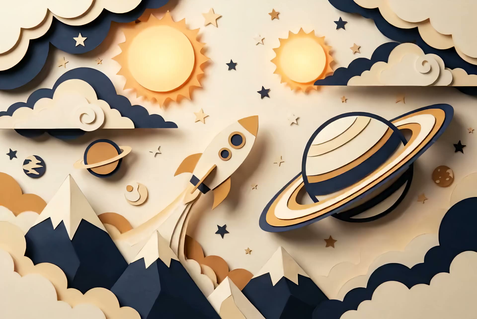 Papercraft art: a paper rocket rising past cut-paper planets toward two glowing paper suns