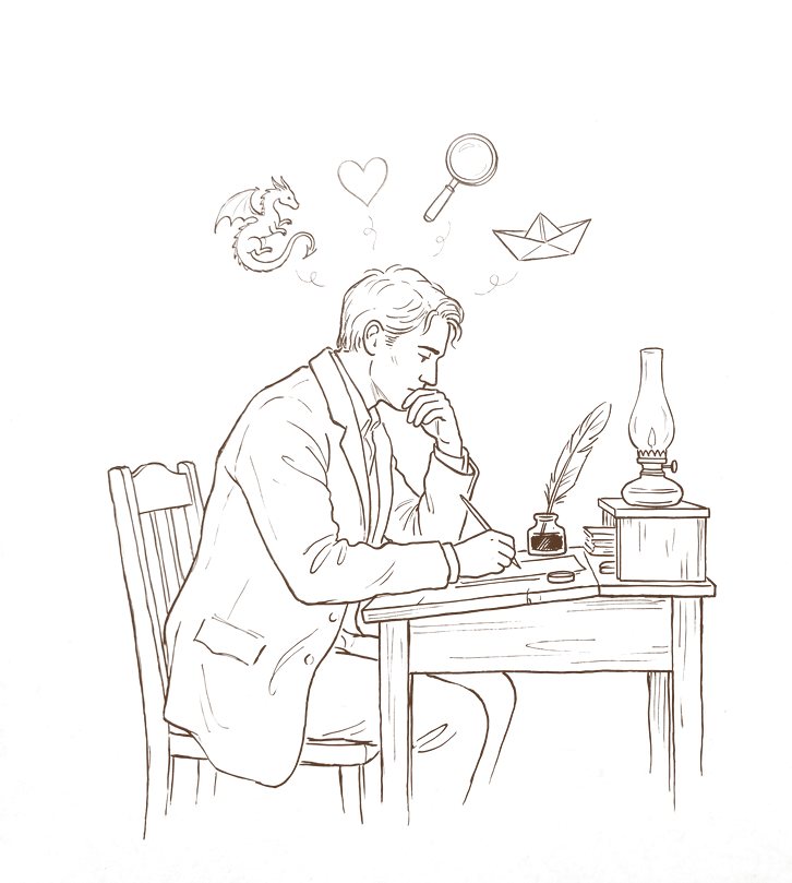 Ink sketch of a novelist thinking at a desk, a dragon, a heart, and a magnifying glass floating in the thought above